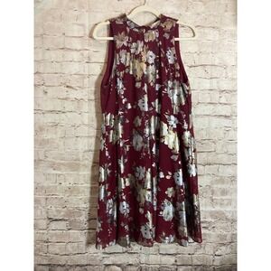 Signature by Robbie Bee Kaftan Dress Womens 6 Maroon Silver & Gold Florals Flowy